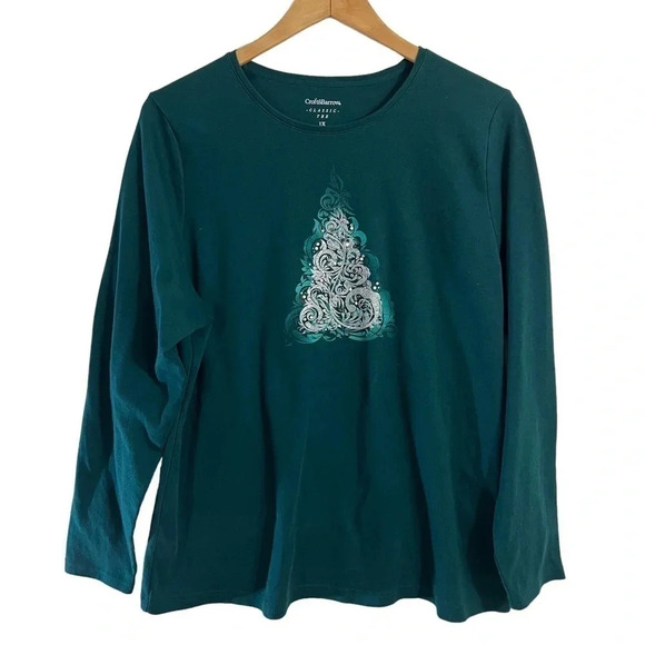Croft & Barrow Christmas Forest Green Classic Tee 1X Glitter Rhinestones Beaded - Picture 1 of 7